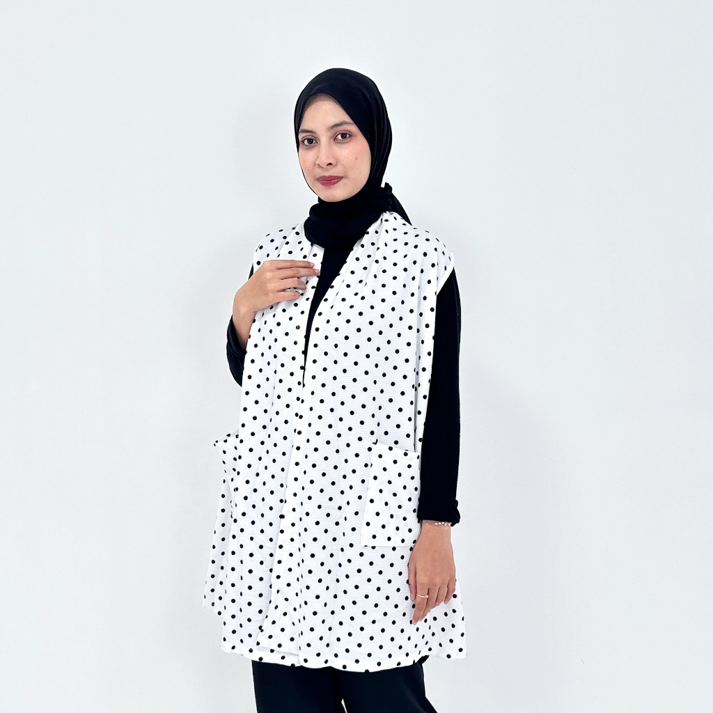 Luaran Wanita Panjang 80cm Motif Bintik Retro Anti Kusut untuk Gaya Layering Casual Modern Lezahrasi
