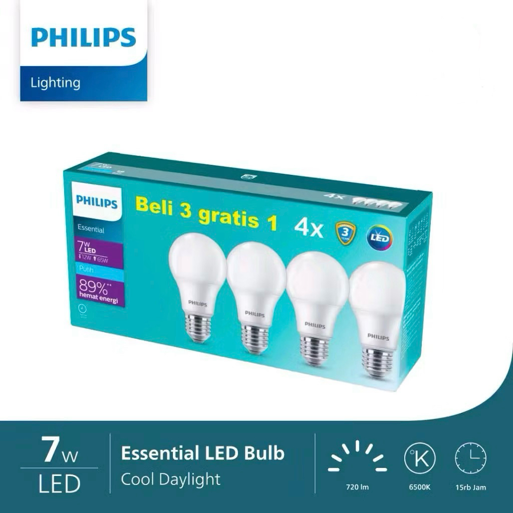 PHILIPS LED ESSENTIAL 7W PAKET (BELI 3 GRATIS 1) Cool Daylight 6500K & Warm White 3000K