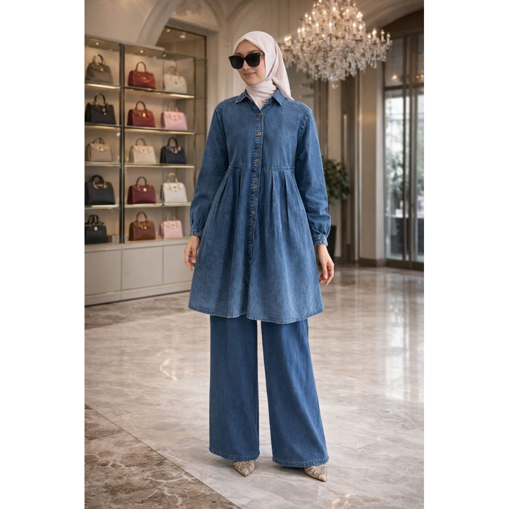 Tata Set / Baju Tunik Set Celana Kulot Jeans / COD