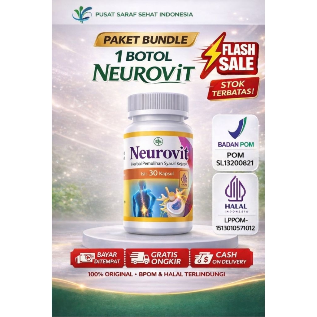 Neurovit 1 Botol Isi 30 Kapsul – Herbal Pemulihan Saraf Kejepit & Nyeri Punggung – BPOM & Halal – CO