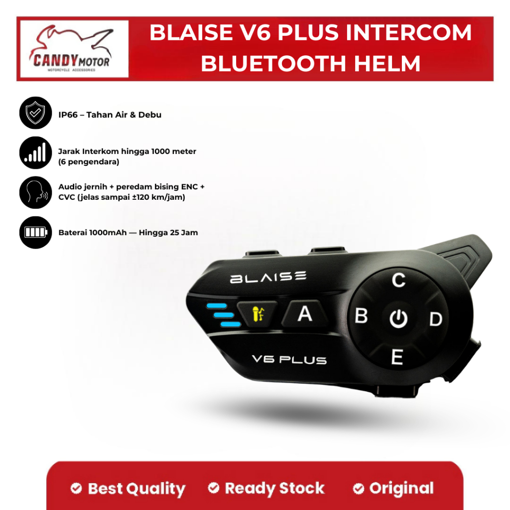 BLAISE V6 Plus Intercom Helm Bluetooth 5.4/5.0 | Interkom 6 Rider 1000m | IP66 Tahan Air | ENC+CVC |