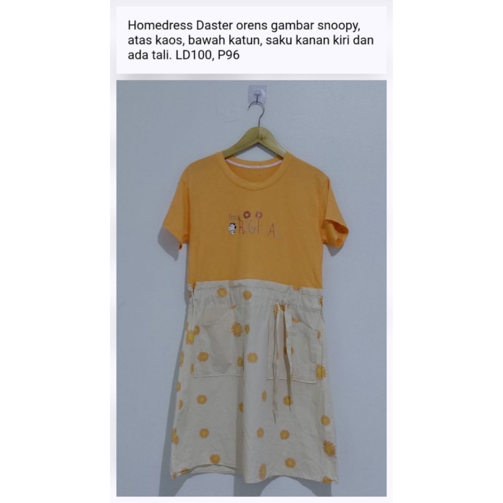 Daster homedress orens gambar snoopy, pernah dipakai, atas kaos, bawah katun, saku kanan kiri dan ad