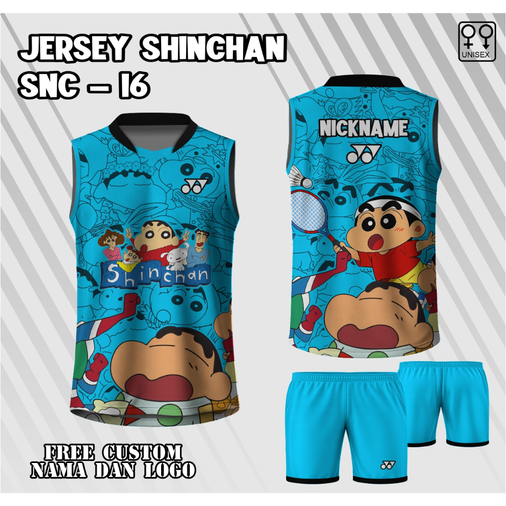 Jerset set celana badminton jersey badminton sinchan kaos sinchan pria wanita kaos badminton custom