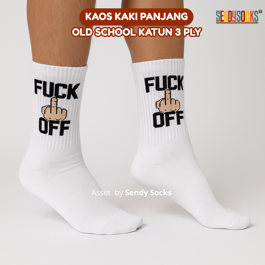 Kaos Kaki Oldshool Motif Fuck Off Jari Putih Katun Panjang - Sendy Kaos Kaki