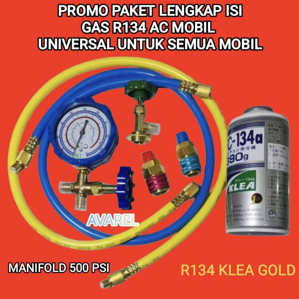 PAKET KOMPLIT ALAT ISI  AC MOBIL DAN KULKAS HFC R134a KLEA GOLD  PAKAI MANIFOLD MULTI 500 PSI #  PER