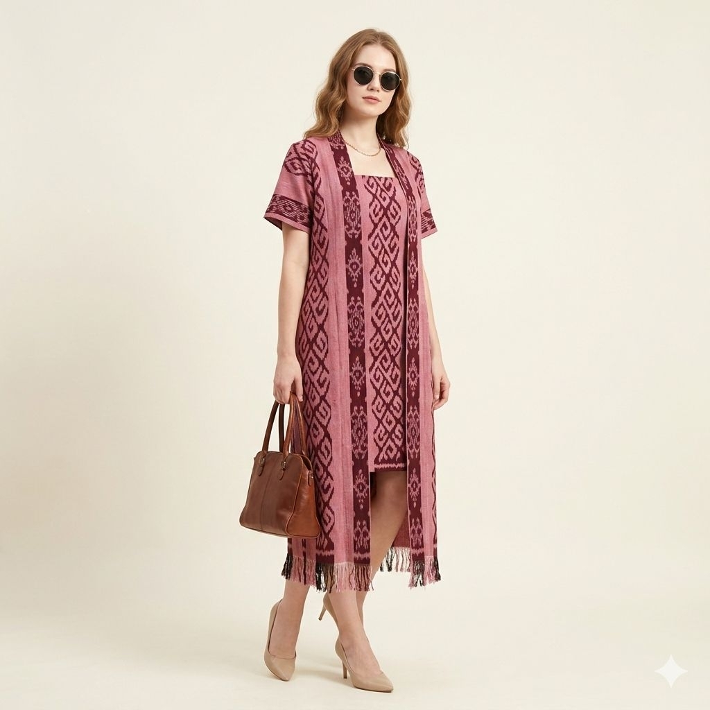DRESS TENUN WANITA ETNIK JEPARA ELEGAN MOTIF NTT WARNA PINK