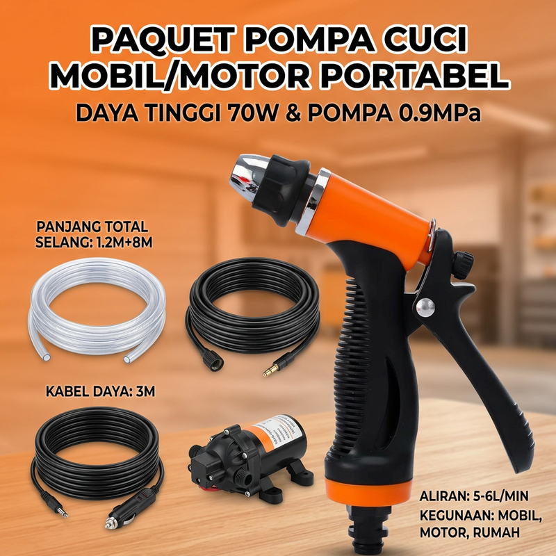 Pompa Air Cuci Motor 12V 70W Semprotan Kencang Jarak Selang 8M Plug Rokok Mobil Portable 5L min