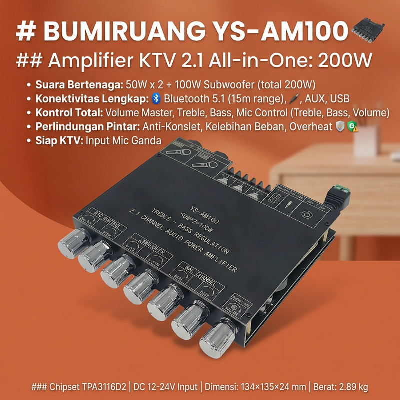 Papan Amplifier Bluetooth 5.1 TPA3116D2 200W 2.1 Channel Dual Mic USB AUX Power Tinggi untuk Speaker