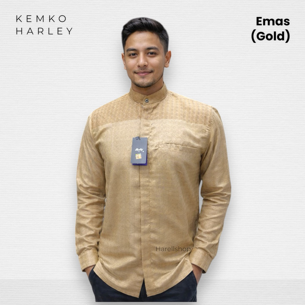 Kemko Harley Pria Lengan Panjang Emas Gold dan Coklat Bronze | Baju Koko Modern Katun Adem | Koko Pr