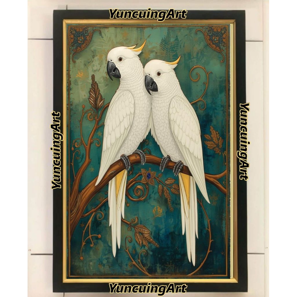 hiasan dinding lukisan cetak burung kakatua putih plus Bingkai ukuran 65×45