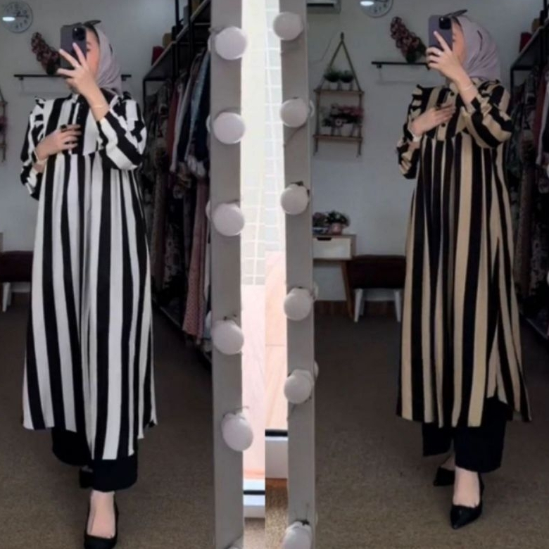 Set Long Tunik Rayon Wanita Motif Salur Mewah Kekinian // Laura Set Tunik Salur
