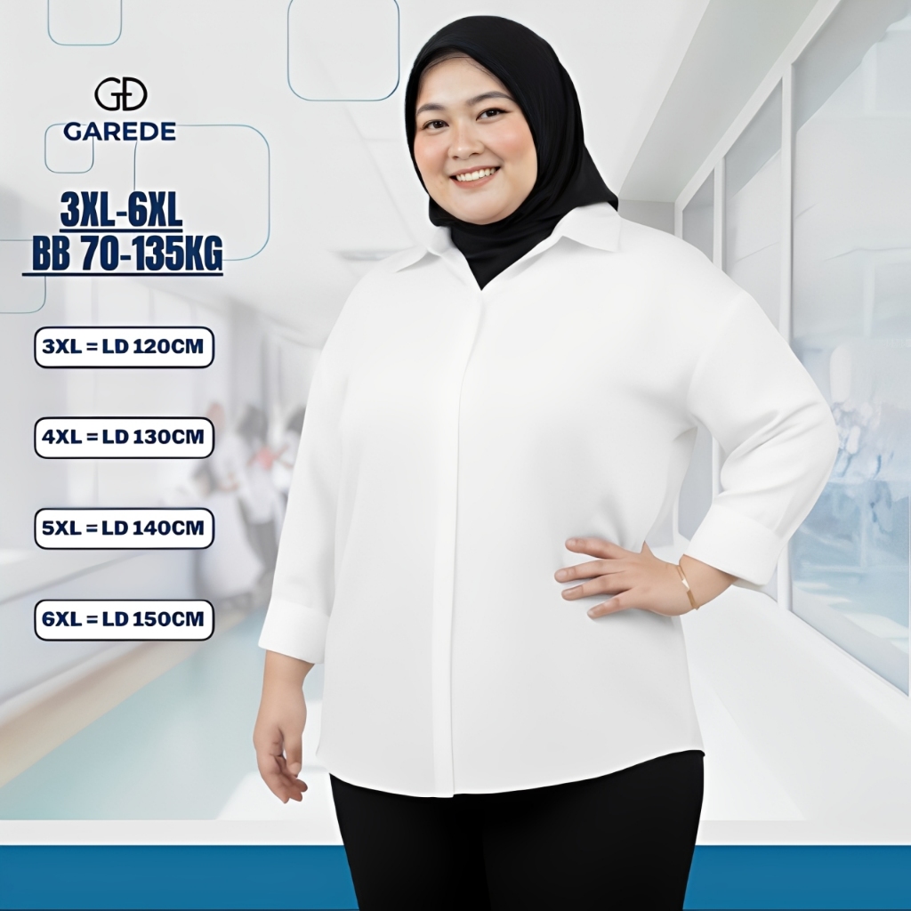 Garede - Kemeja Putih Wanita Lengan Panjang Jumbo LD 120 130 140 150 Baju Atasan Hem Kerja Kantor
