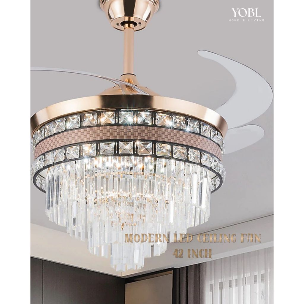 YOBL Ceiling fan + light modern crystal kipas dan lampu