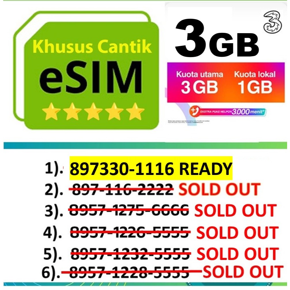 eSIM 3 Tri Indonesia - kuota 3gb masa aktif 30 hari | Khusus HP garansi resmi Indonesia bisa AON Den