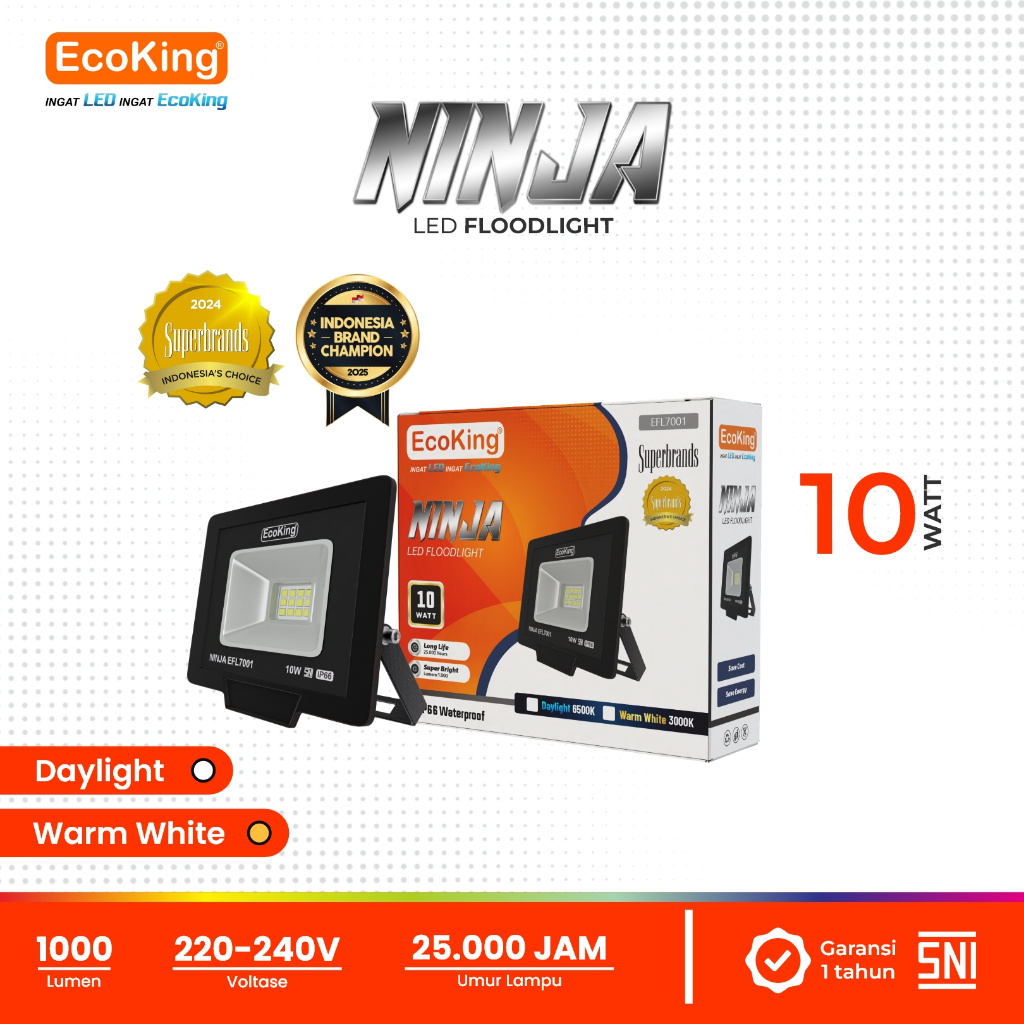 EcoKing Lampu Sorot LED Flood Light Ninja 10W Cahaya Putih/Kuning (NINJA-EFL7001)