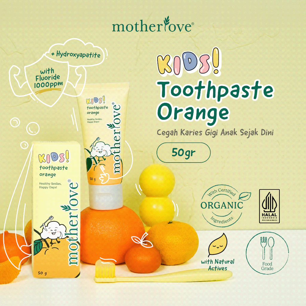 Motherlove - Kids Toothpaste Orange 50g with Fluoride 1000ppm & Hydroxyapatite | Pasta Gigi Anak Flu