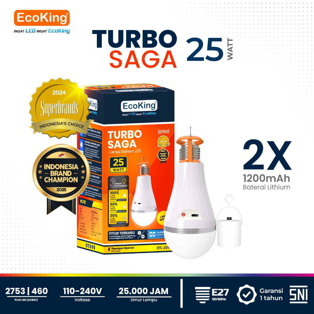 EcoKing Lampu Darurat Bohlam Rumah LED Turbo Saga EMERGENCY Tahan Lama 25W Cahaya Putih (DC 3 Level)