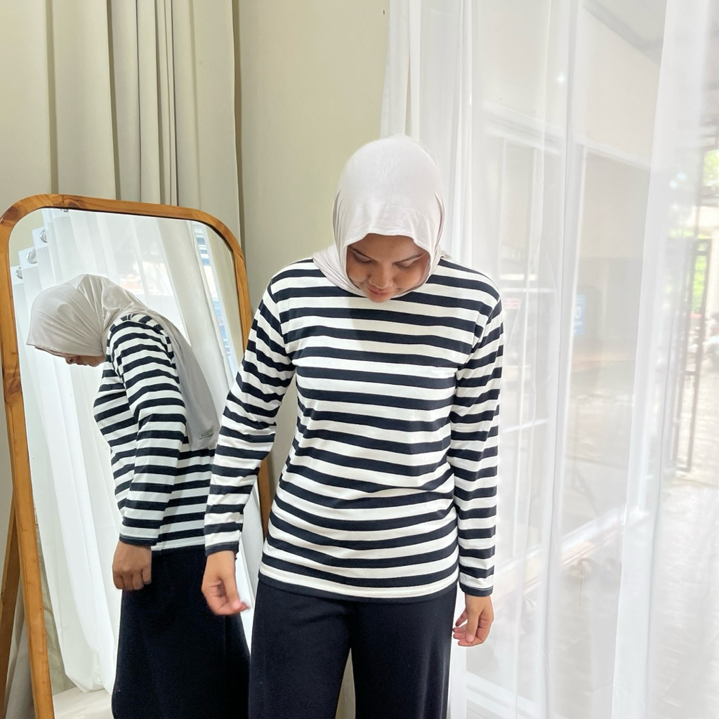 dwistuff Basic tee Kaos Lengan Panjang Wafer Knit Rajut Katun Polos Stripe Motif