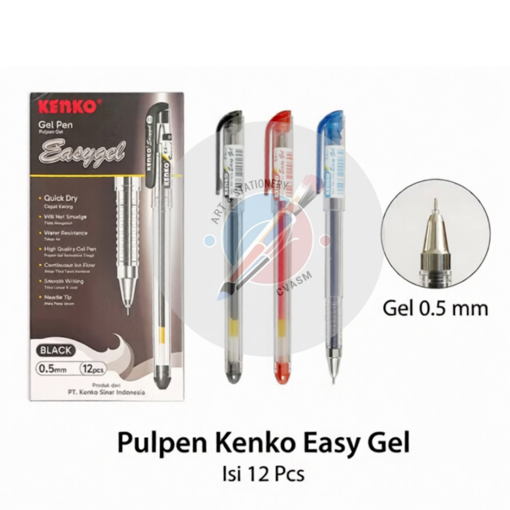 [1 LUSIN] Pulpen Gel Cair Kenko 0.5mm Anti Macet 3 Warna Hitam Biru Merah Isi 12 Pcs Kenko
