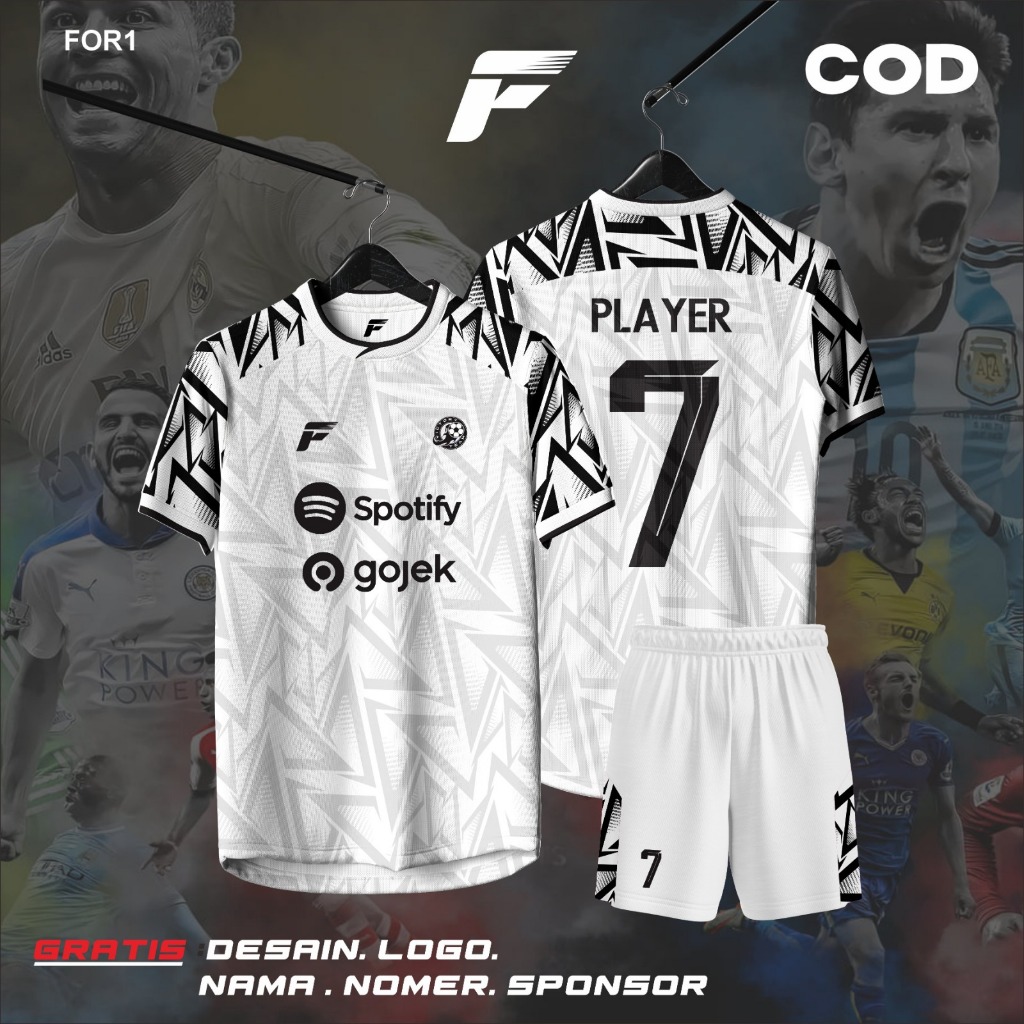 JERSEY FUTSAL CUSTOM FULL PRINTING NAMA DAN NOMER PUNGGUNG BOLA ANAK DEWASA MOTIF MOZAIK HITAM PUTIH