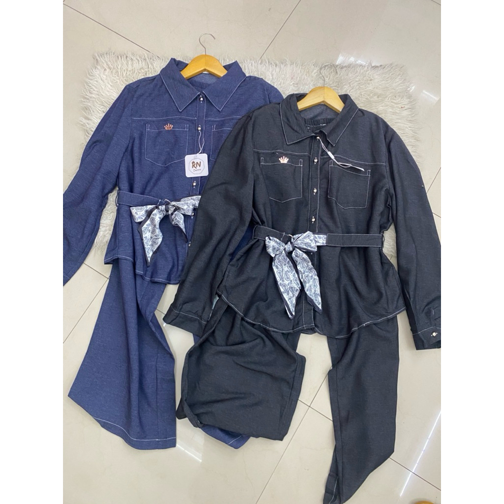 One Set Santai Kemeja Kulot Semi Jeans