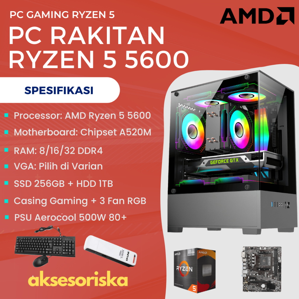 PC Gaming Paket CPU Rakitan Komputer AMD Ryzen 5 5600 VGA SIAP GAMING & Design