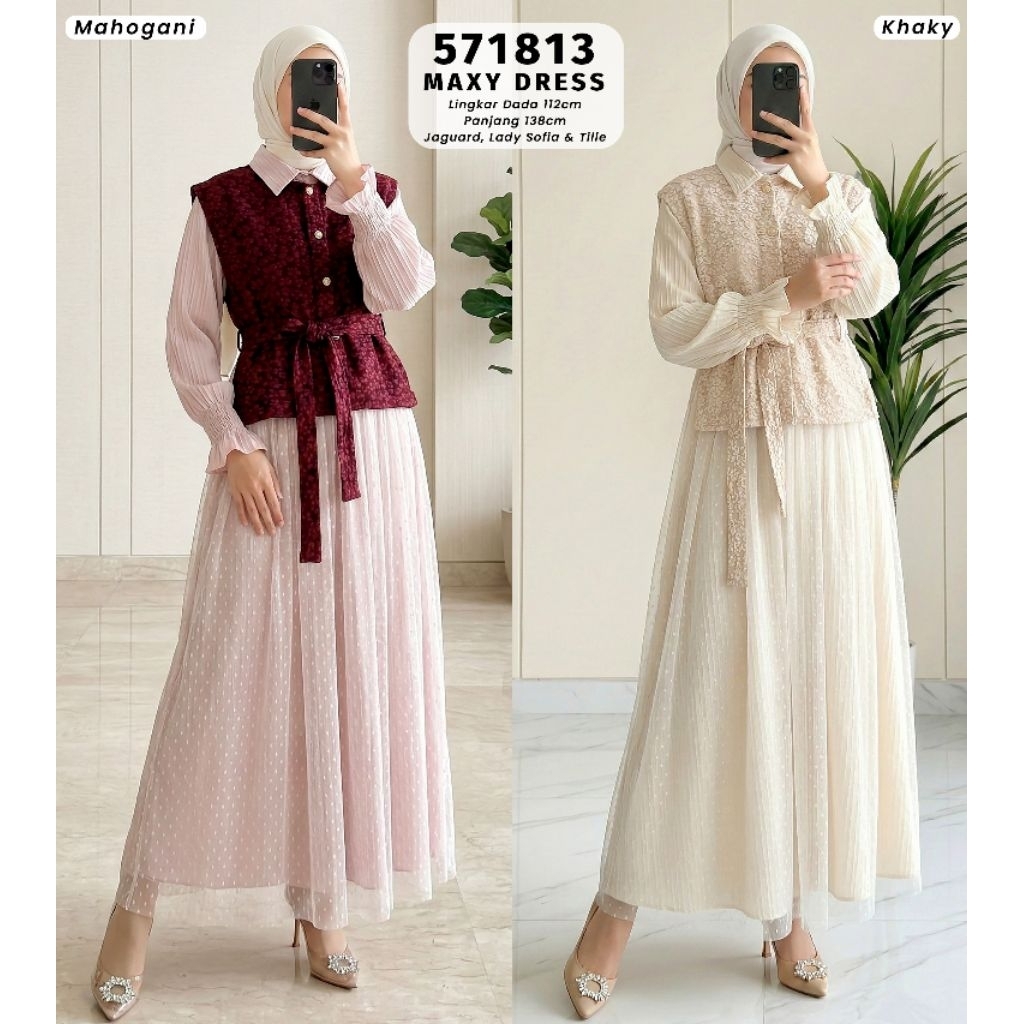 RAYA SERIES - Yolanda Maxy Dress Bahan Jaguard Mix Lady Sofia Kombinasi Tile fit to XL Besar