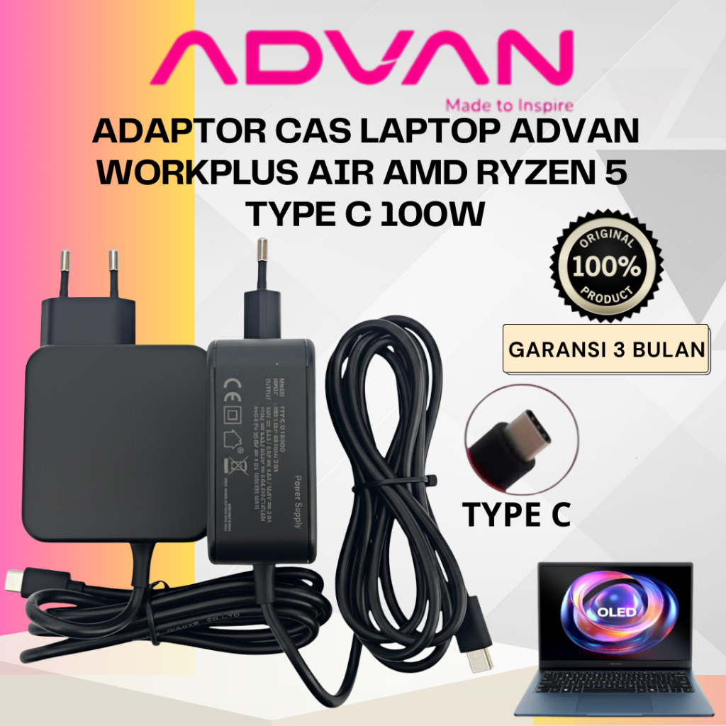 ADAPTOR LAPTOP ADVAN WORKPLUS AIR AMD RYZEN 5 | CAS CHARGER TYPE C 100W GARANSI 3 BULAN