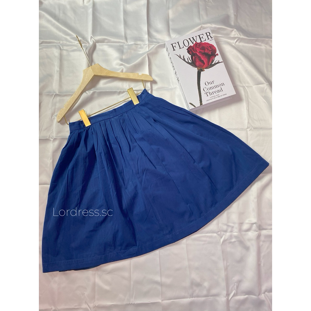 Preloved Rok Skirt A-Line Lipit Kekinian Korean Style Midi Biru Blue Navy