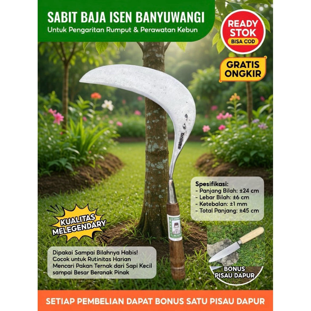 Zico Stored Sabit Arit Pengaritan Rumput Dan Perawatan Kebun Bahan Baja Isen Banyuwangi Asli + Bonus
