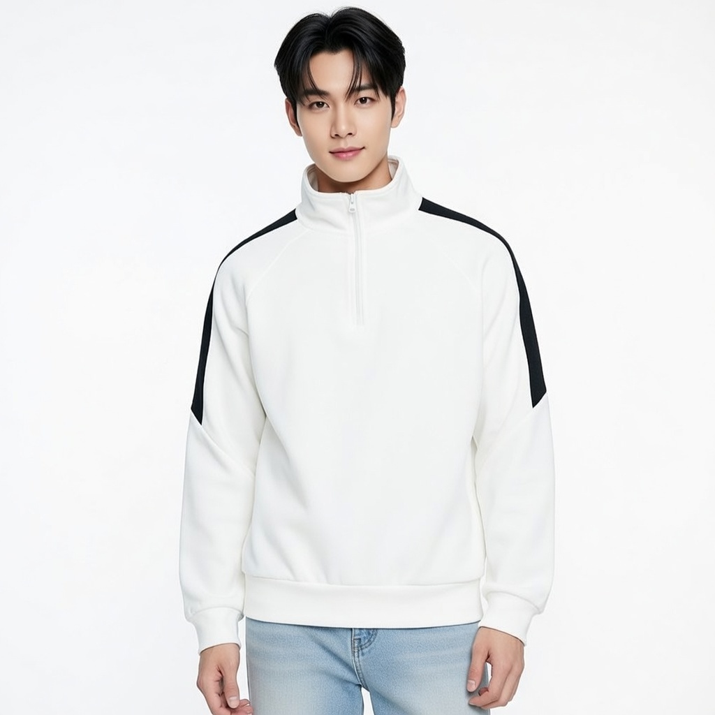 SWEATER HALF ZIP PUTIH OVERSIZE PREMIUM UNISEX .SWEATER S-6XL HALF ZIP