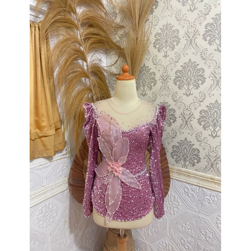 kebaya pink bunga bludru squin S-5XL