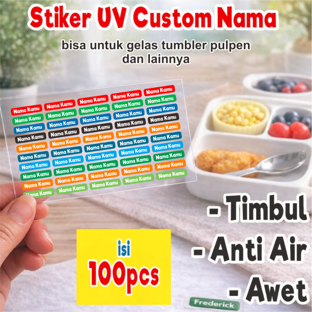 Stiker Uv Label Nama Timbul Anti Air waterproof Perabotan Piring gelas sendok alat tulis dll