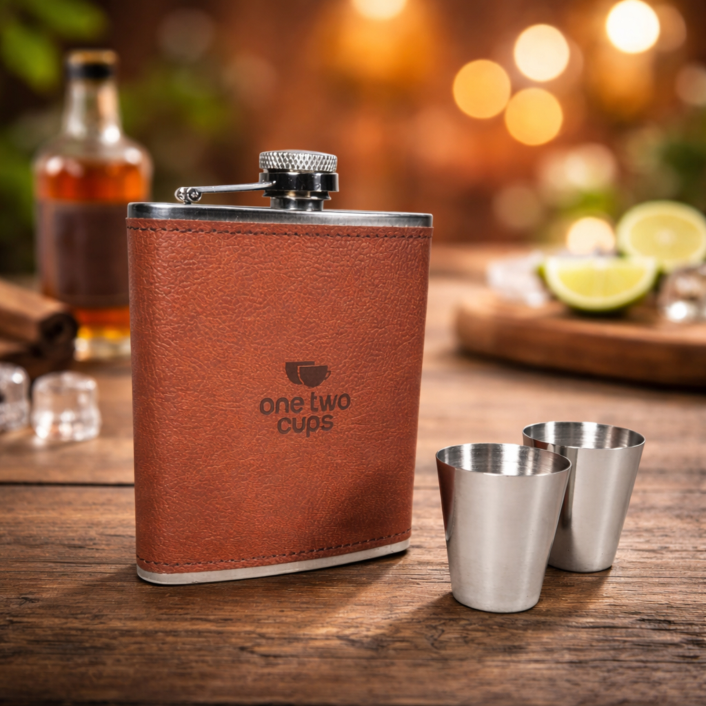 Hip Flask Set Stainless Steel Leather 7oz Botol Saku Tempat Alkohol Wiski 2 Gelas Sloki Corong Mini