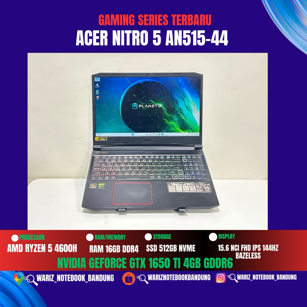 ACER NITRO 5 AN515-44 RYZEN 5 4600H NVIDIA GTX 1650 Ti RAM 16GB SSD 512GB 144Hz