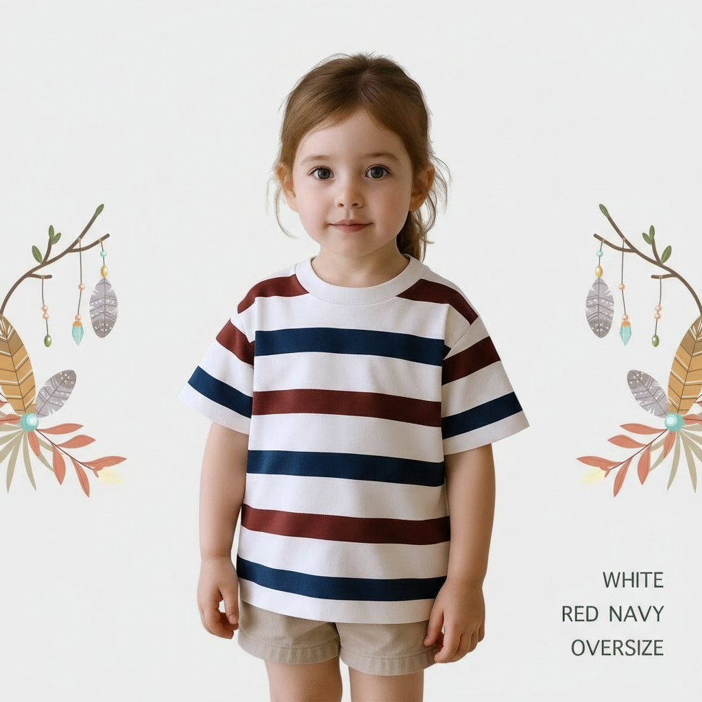 Kaos Salur Anak Oversize White Red Navy | Kaos Garis Anak Laki Laki Perempuan 1-12 Tahun
