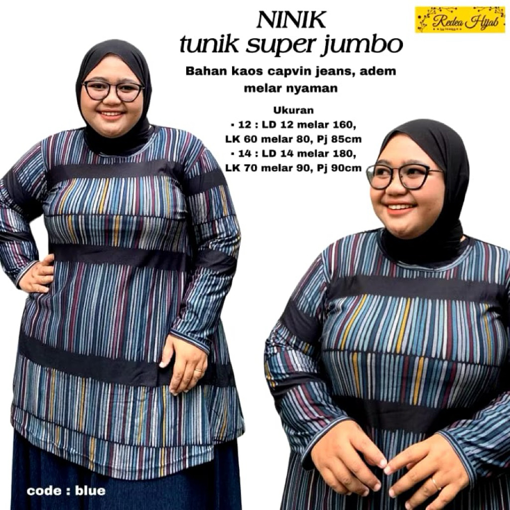 Atasan Wanita Muslimah Ninik Jumbo Tunik Bahan Calvin Jeans Motif Garis No Busui LD120 LD140