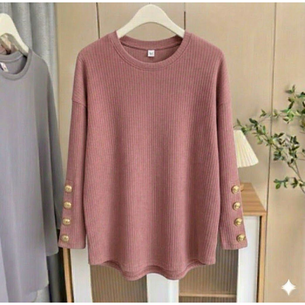 Blouse Wanita Rajut Rib Lengan Panjang Detail Kancing Gold | Tunik Casual Kekinian / Atasan Wanita K