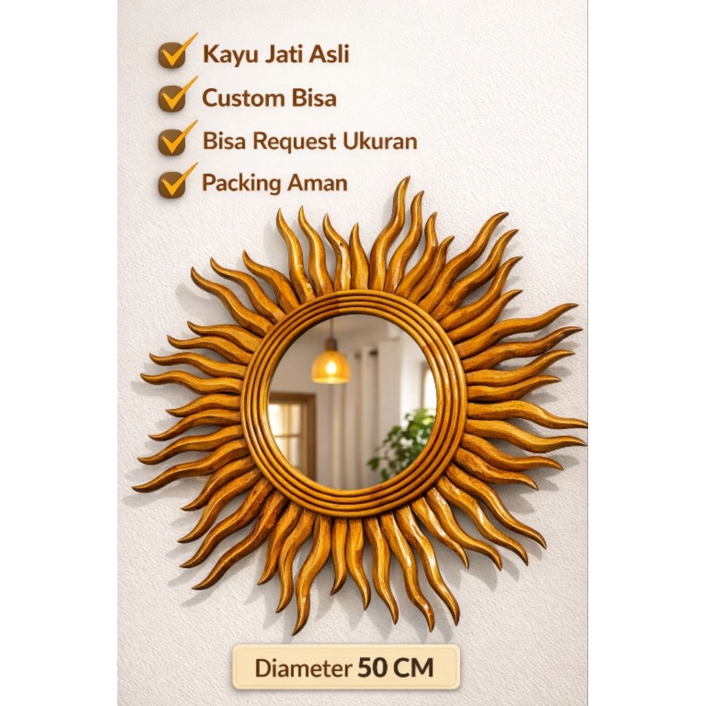 pigura cermin matahari pigura cermin bulat pigura cermin kayu pigura kayu jati
