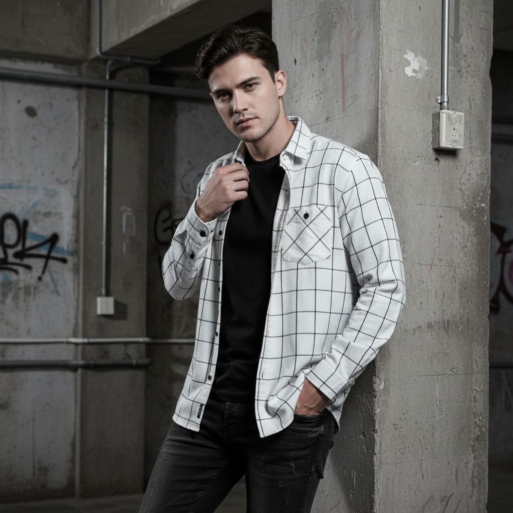 PUTIH GARIS HITAM / KEMEJA FLANEL PRIA WANITA LENGAN PANJANG