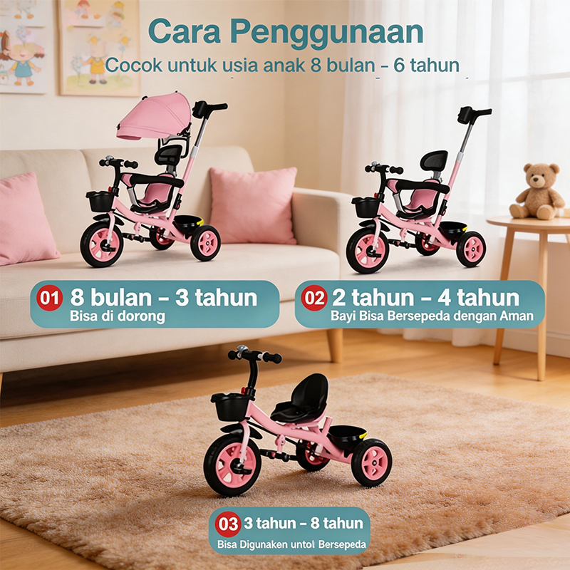 BEIGE Sepeda Anak Roda 3 Balance Bike Sepeda Roda 3 Anak Perempuan 18 Tahun Keranjang Roda 3 Bayi