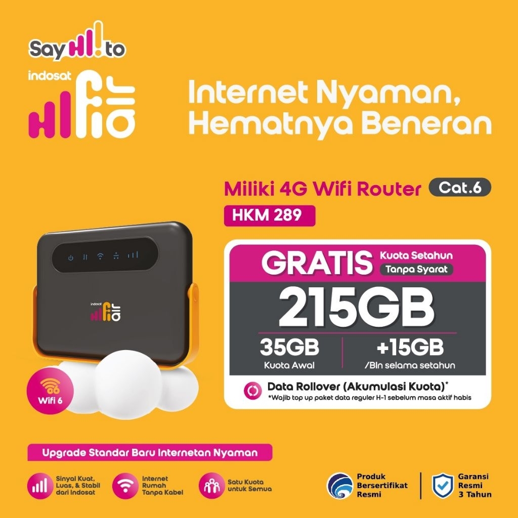 Modem Indosat HiFi Air HKM289 Wifi 4G LTE Router CAT 6 Free DATA 215GB