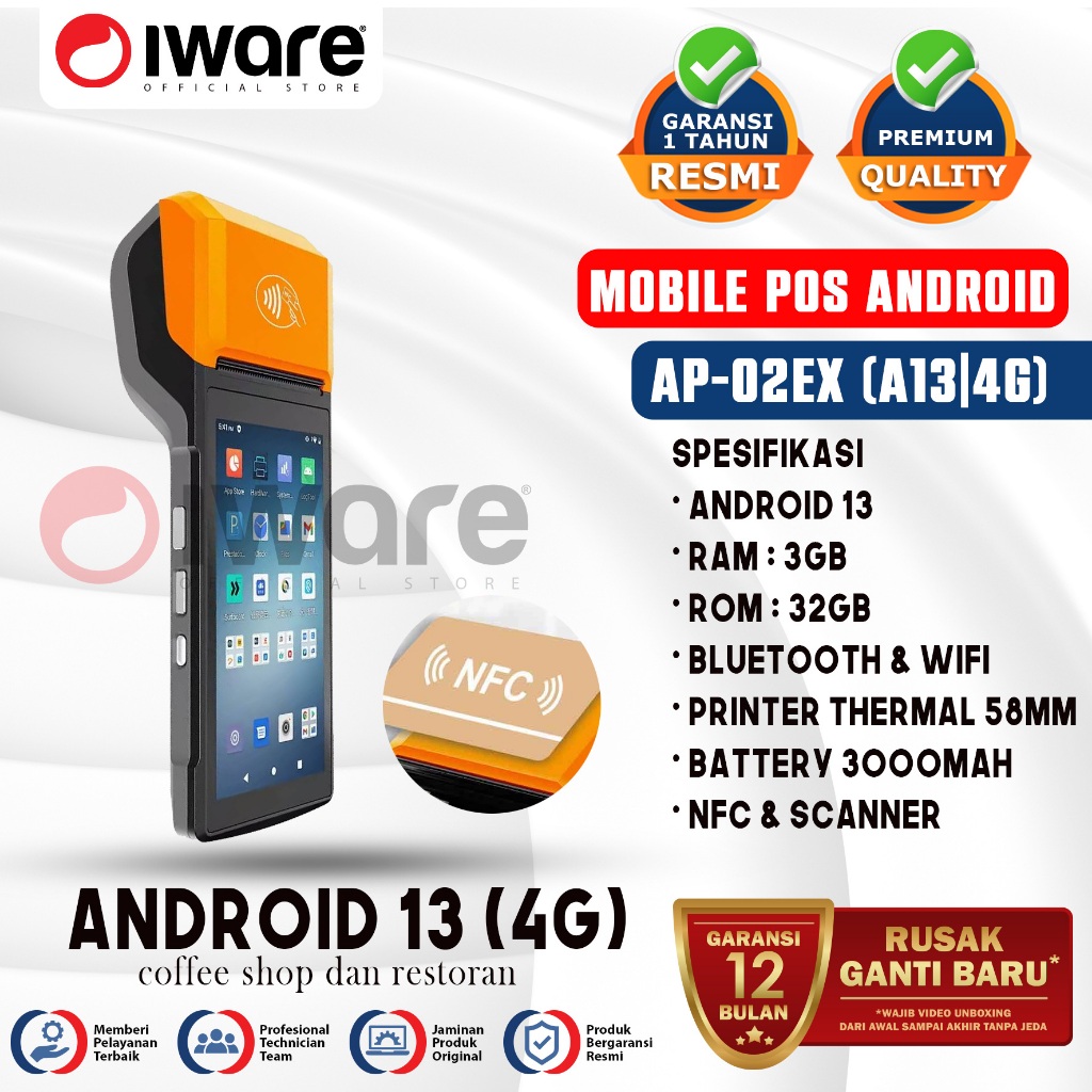 Iware Mobile Pos Android 13 AP-02EX 3/32GB 4G With Printer 58mm With Scanner 2D