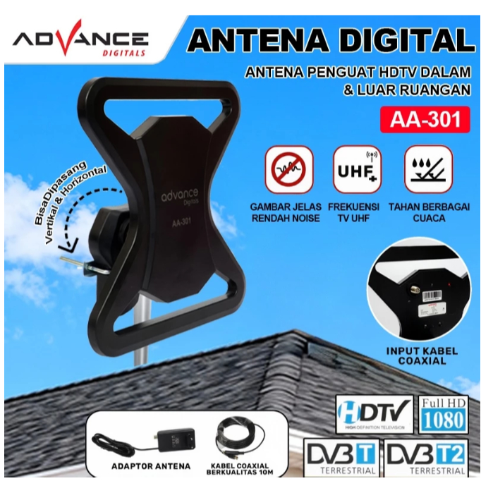 Advance Antena TV Digital AA-301 Antena TV Outdoor UHF HDTV/DV3T/DV3T2 Dengan Penguat Sinyal