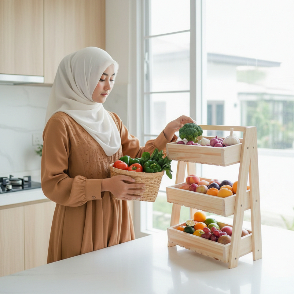 **RAMADAN SALE** Rak Display Buah Kayu Solid 2 & 3 Susun - Keranjang Buah Kayu Modern