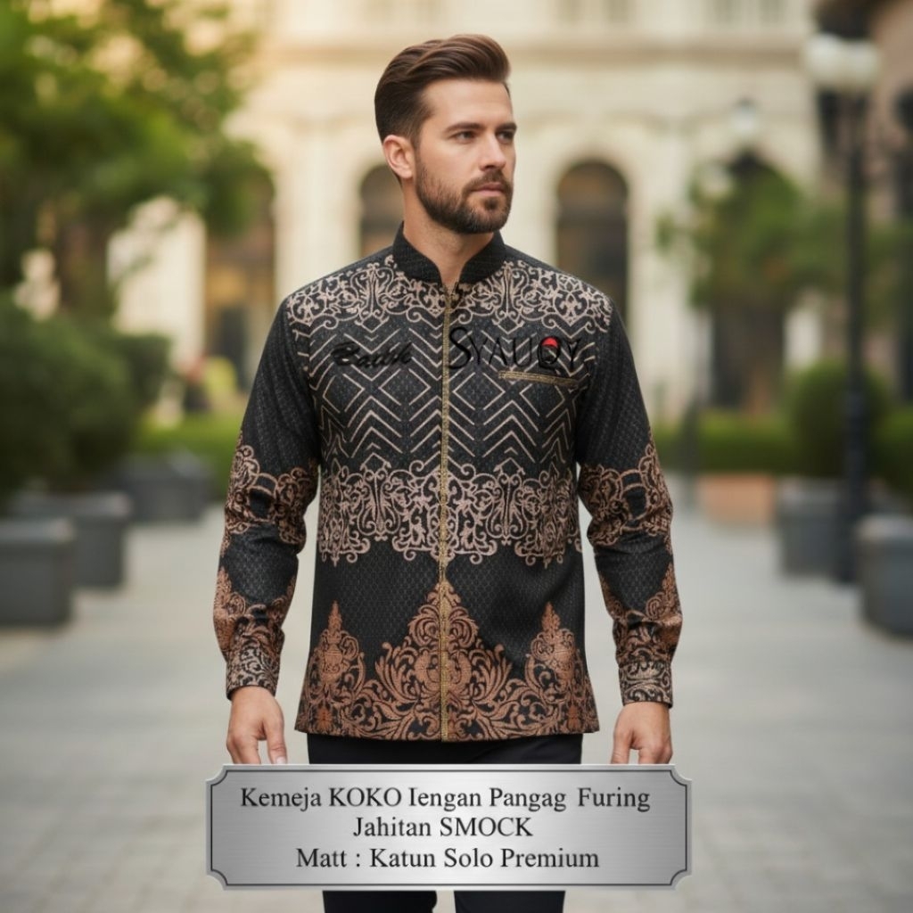 Premium SMOCK Kemeja Koko Lengan Panjang Gradasi Hitam Gold