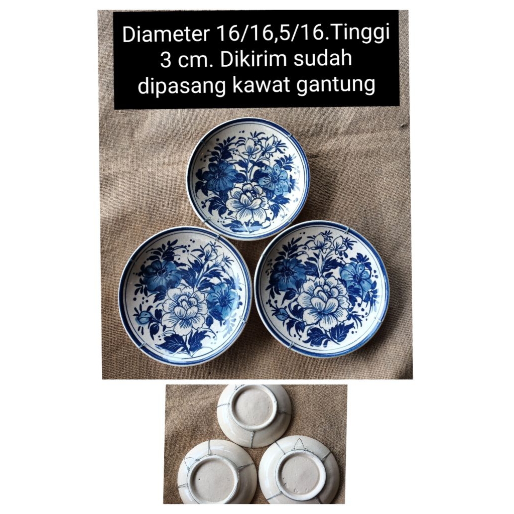 Diameter 16 cm an 3 buah piring gantung keramik lukis gambar bunga/belanda biru putih dan warna warn