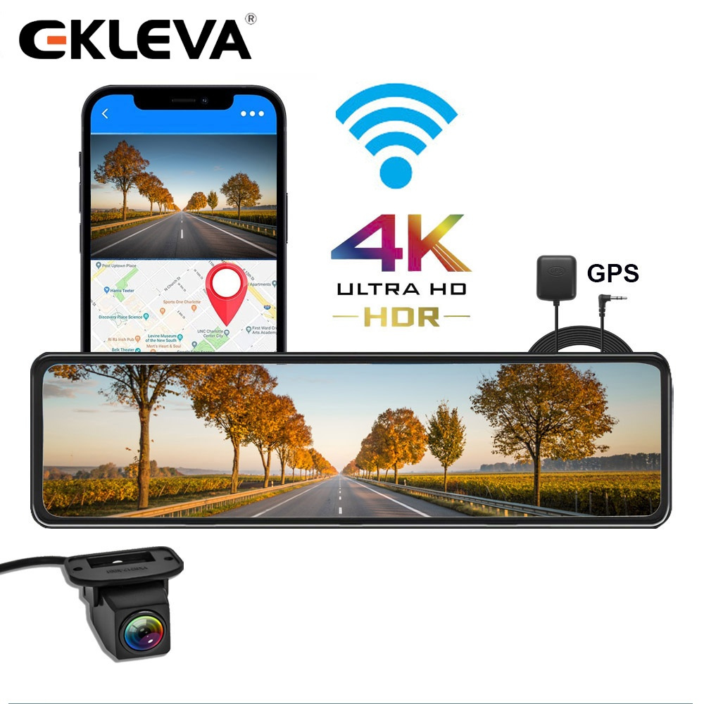 EKLEVA 12 Inch IPS Layar Sentuh Mobil DVR 4K+1080P WIFI GPS Cermin Dash Cam
