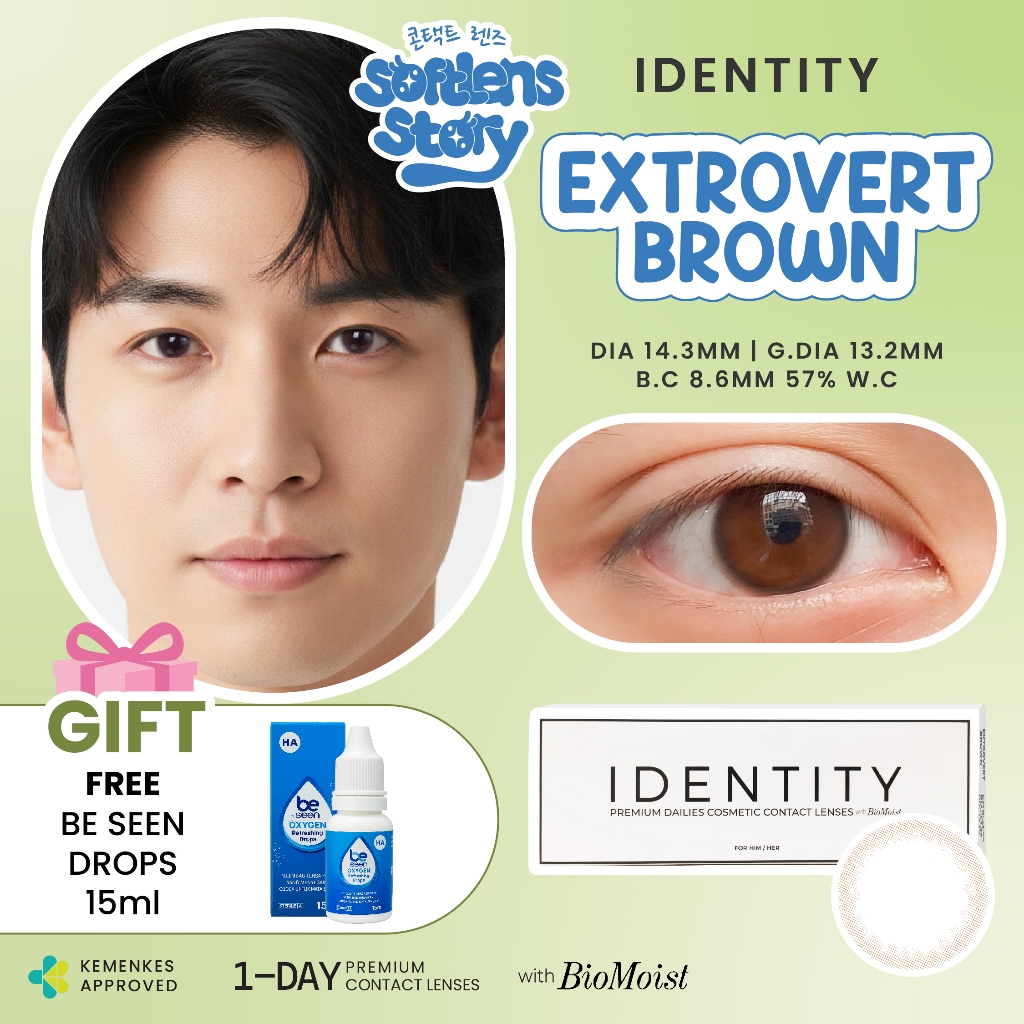 [2025NEW] FREE EYE DROPS Identity Extrovert Brown With Biomoist 5 Pasang | 14.3mm Soflens Harian | S