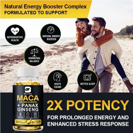 BEWORTHS 120pcs USA Ekstrak Akar Ginseng & MACA Kapsul Penambah Energi untuk Pria dan Wanita